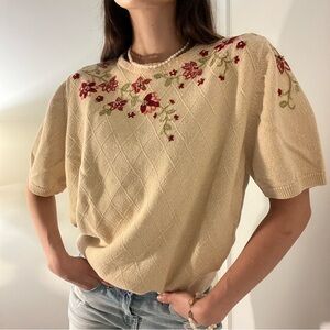 Alfred Dunner Beige Top with Red Floral Embroidery